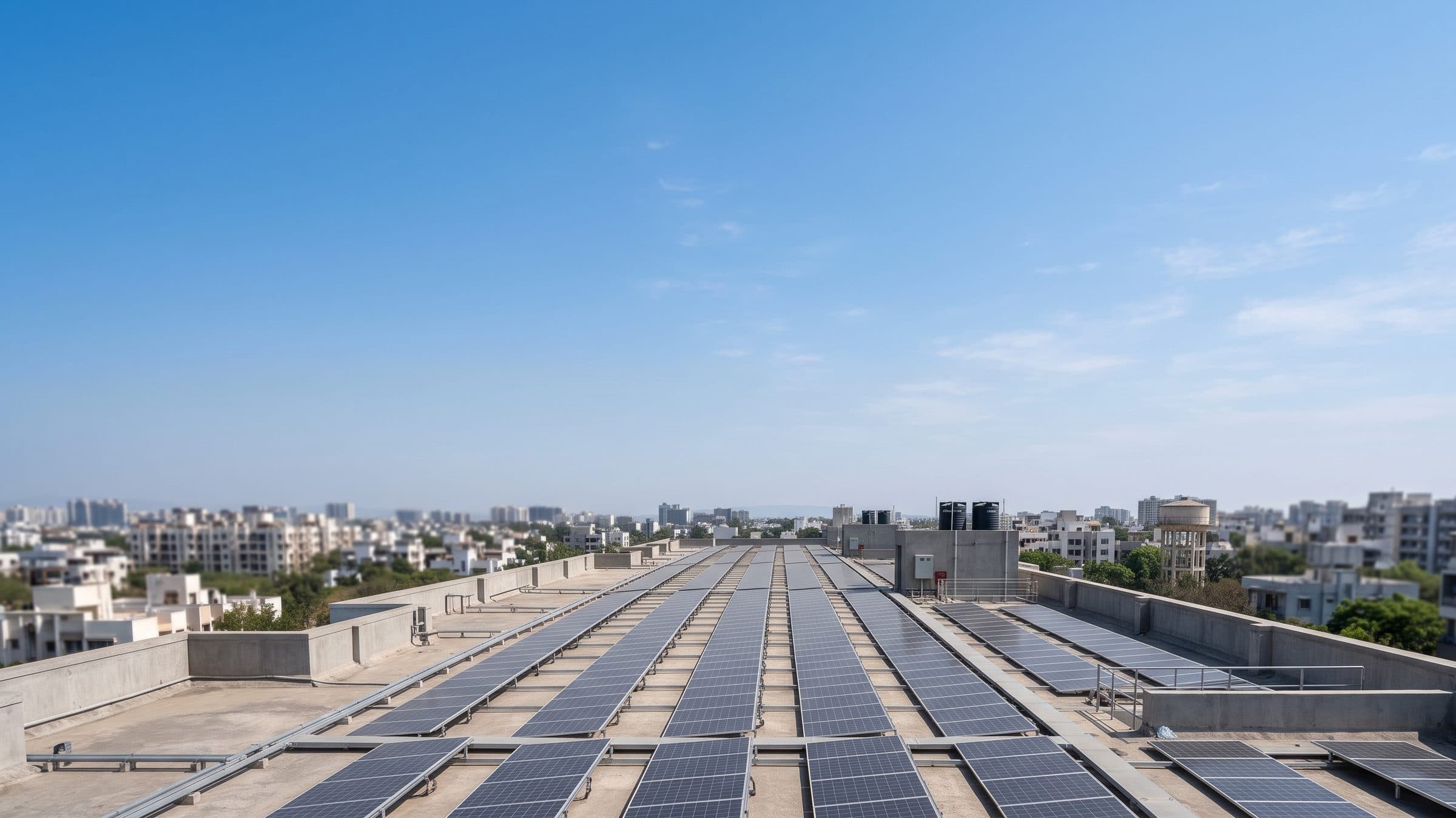 Rows of rooftop solar panels across the terrace of a commercial building in an Indian city